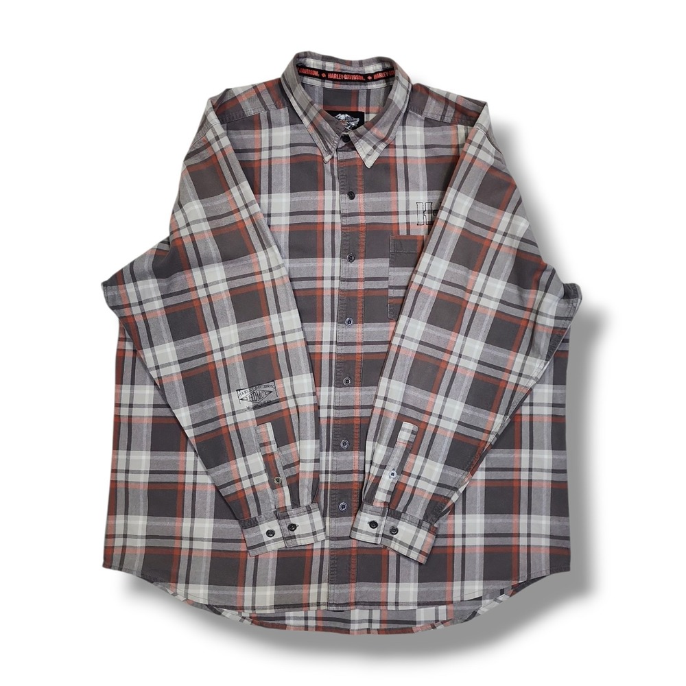 Harley Davidson Motorclothes Grey/Orange Plaid Button Down Long Sleeve Men's 2XL - Picture 6 of 16